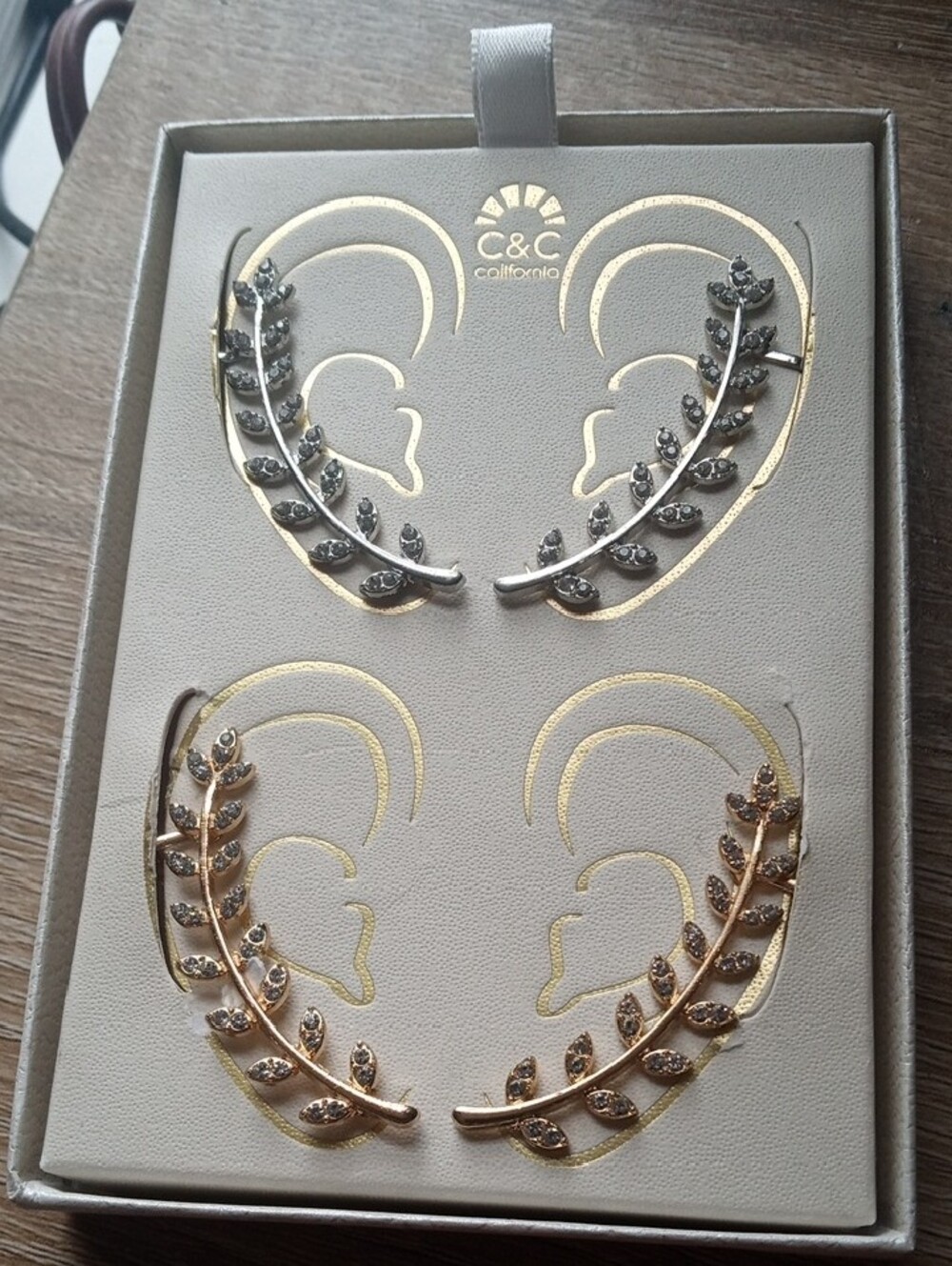 C&C California Crystal Leaf Ear Climber Earrings Set Silver and Gold Tone New